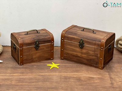 Rương gỗ viền da đinh tán bo nắp [03 Size - Tặng ổ khóa] Cao 14 - 20cm RUONG-GO-05